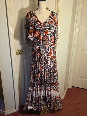 Anthropologie Orange, Black & White Printed Maxi Dress